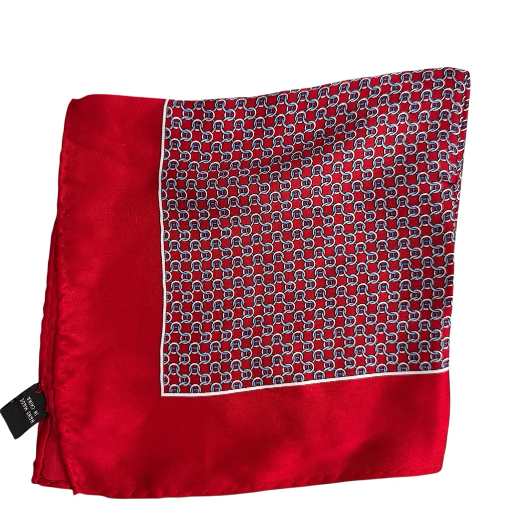 Red Silk Pocket Square Scarf Handkerchief With Geometric Pattern